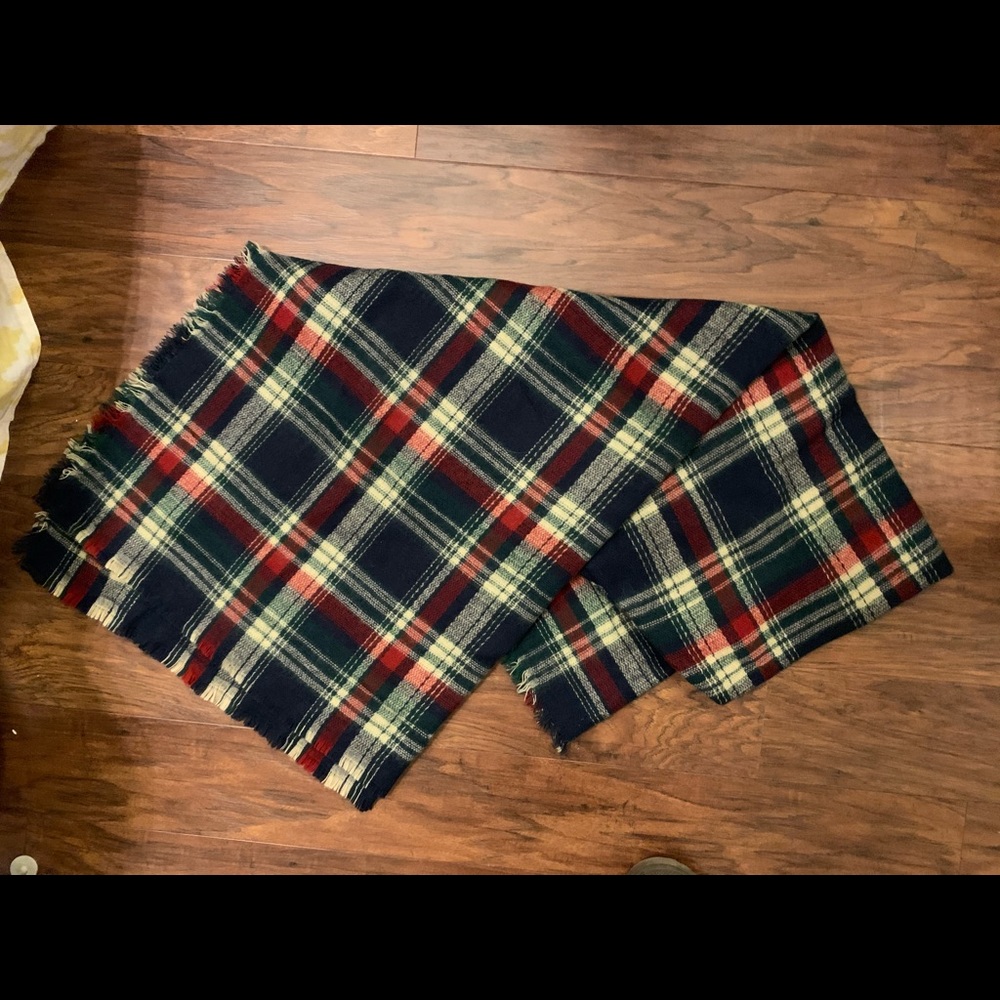 Plaid blanket scarf. Navy red green and cream
